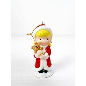 Vintage Joan Walsh Anglund Ceramic Girl Santa Hat Bear Christmas Ornament 1982